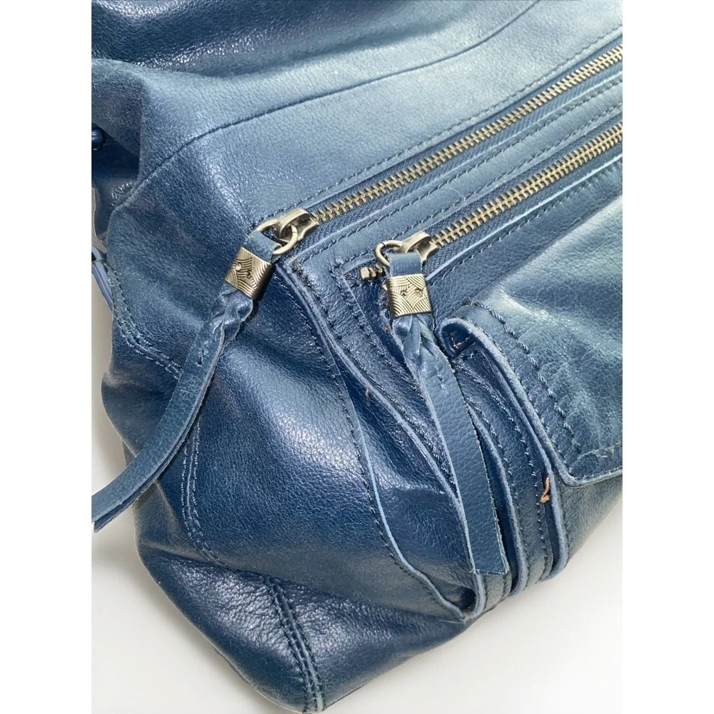 The Sak Blue Genuine Leather Multi Pocket Shoulder Foldover Bag Purse
